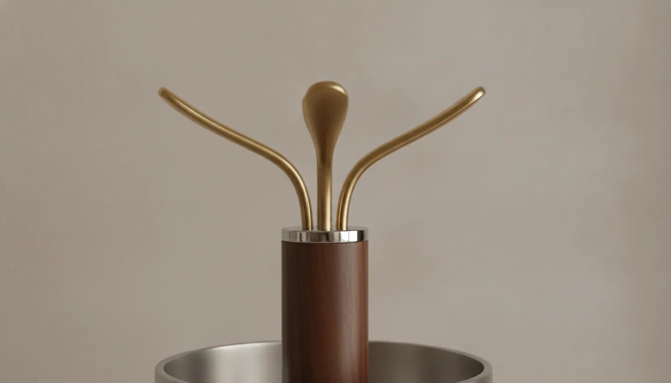 Close-up of a premium contemporary coat stand detailing solid hardwood hooks and steel joints