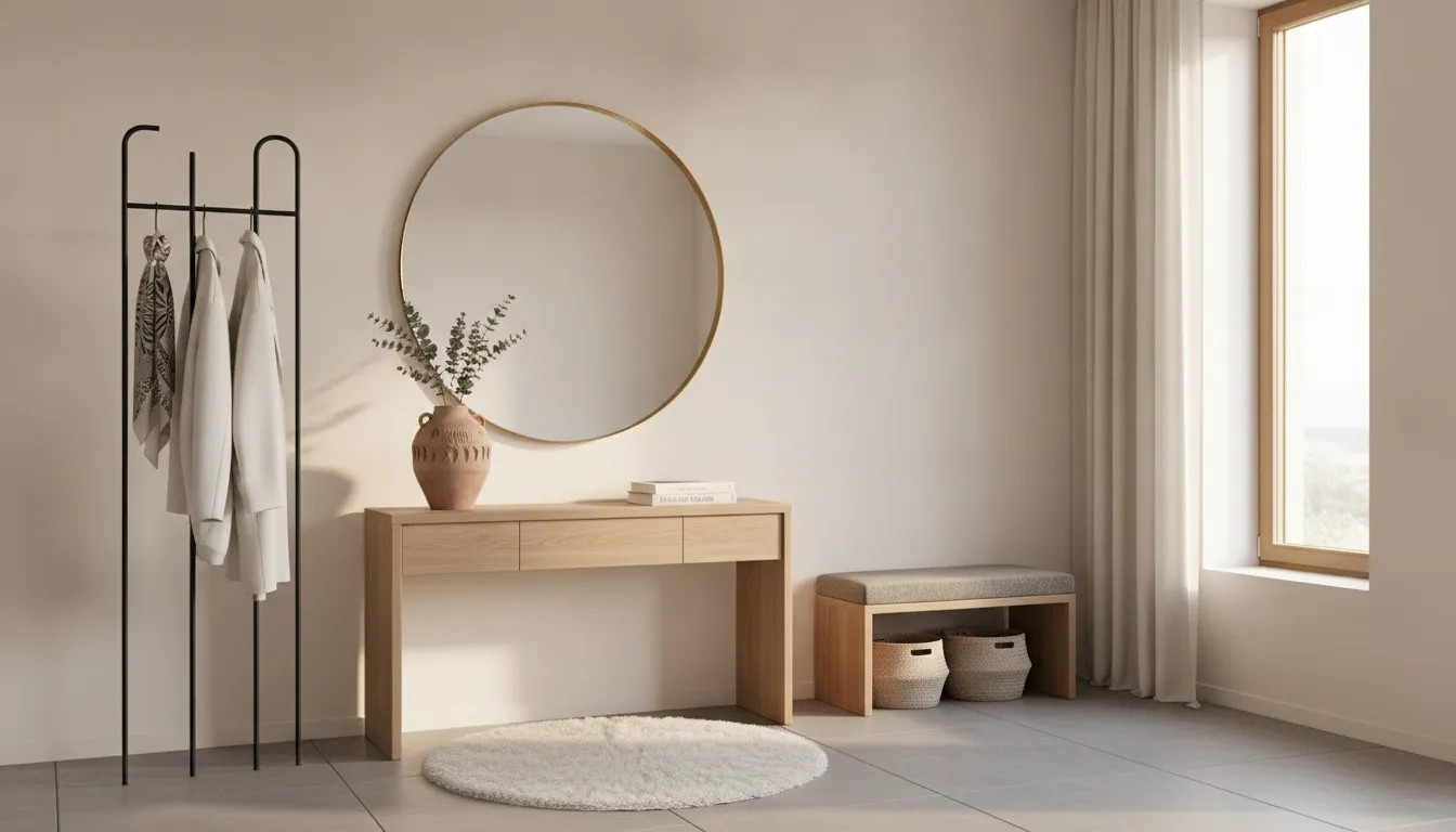 Minimalist European entryway with a contemporary coat stand paired with a modern console table and mirror