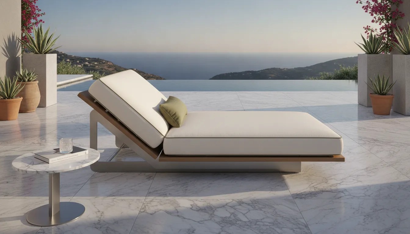 Sleek Italian-designed modern outdoor lounge chairs arranged on a luxury stone patio at twilight