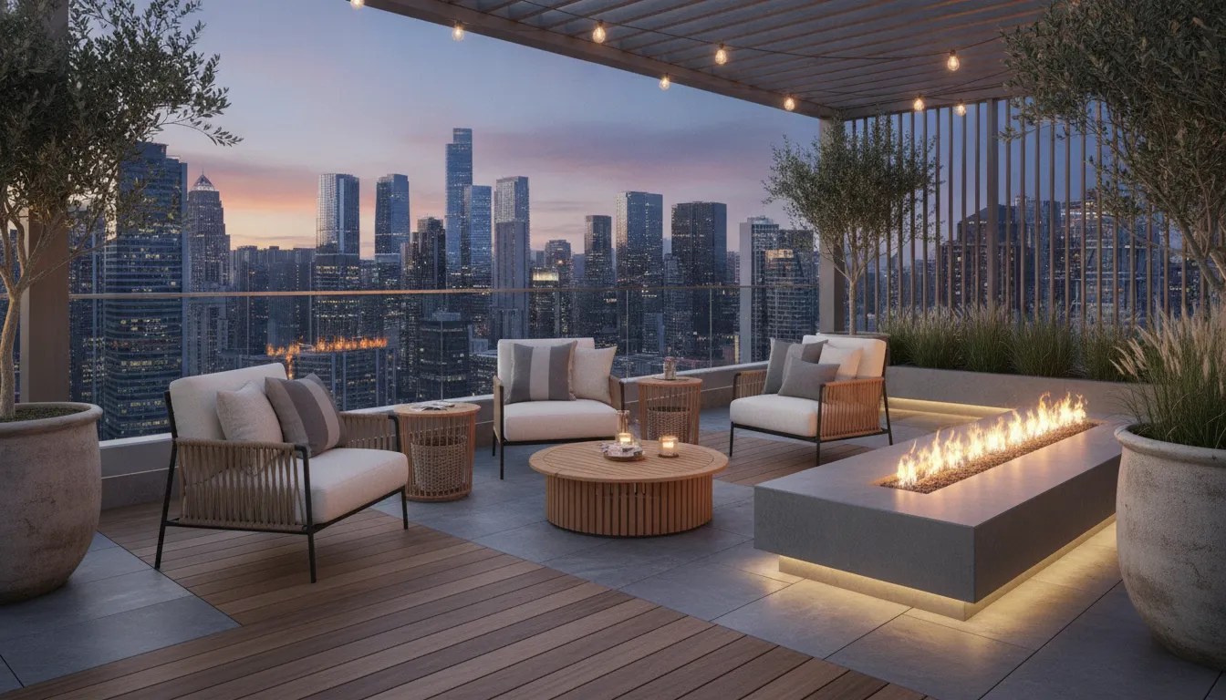 A perfectly styled luxury terrace layout featuring elegant modern outdoor lounge chairs with teak accents and side tables